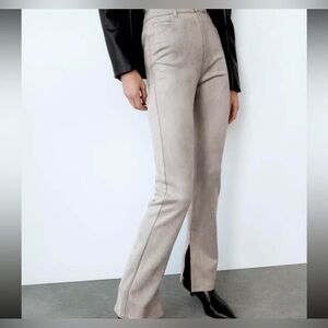 ZARA Faux Suede Pants Ankle Slit Flare Dove Gray Sz 6 Classic City Fall Neutral